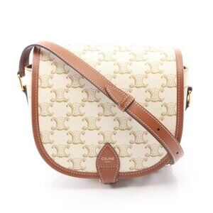 Celine Shoulder Bag Folco Triomphe White Brown Canvas